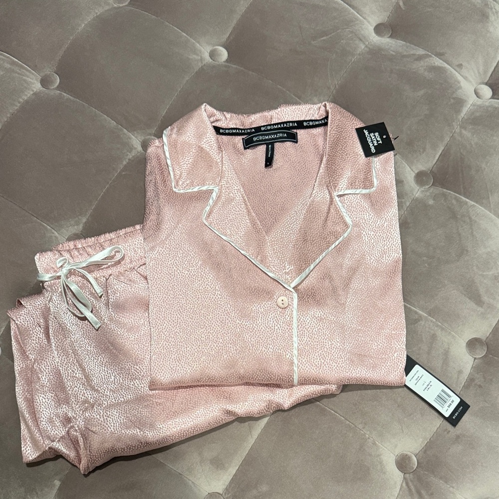 BCBG Pink Satin Pajama Set with White Accents